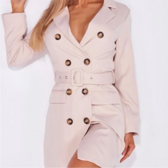 Beige Double Breasted Belted Blazer Dress - Picture 4 of 7